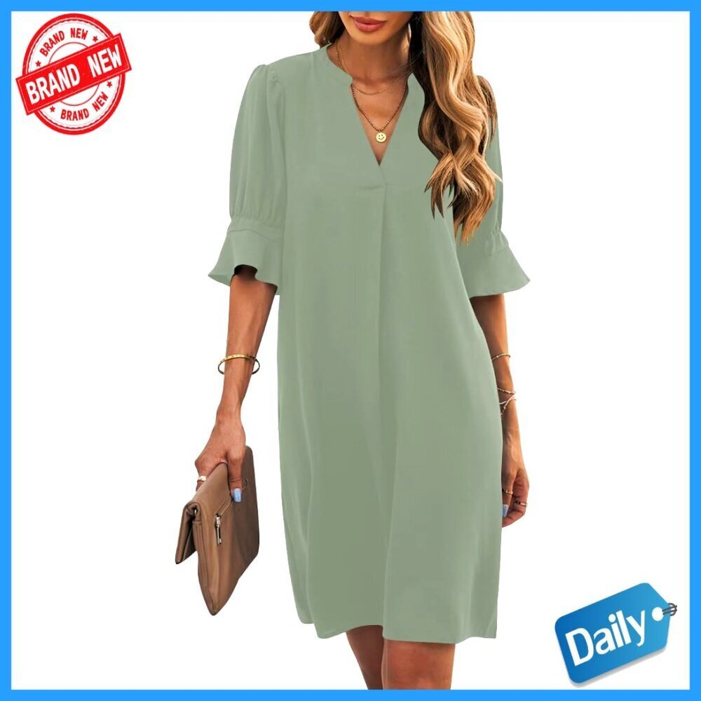 Polyester Shift Dress V-Neck Short Sleeve Casual Flowy Summer Size S-2XL
